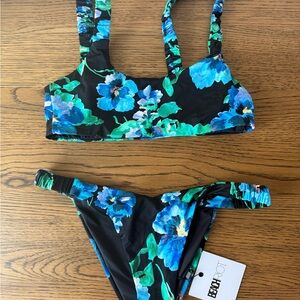 Beach Riot Black Floral Bikini Set with Blue & Green Flowers